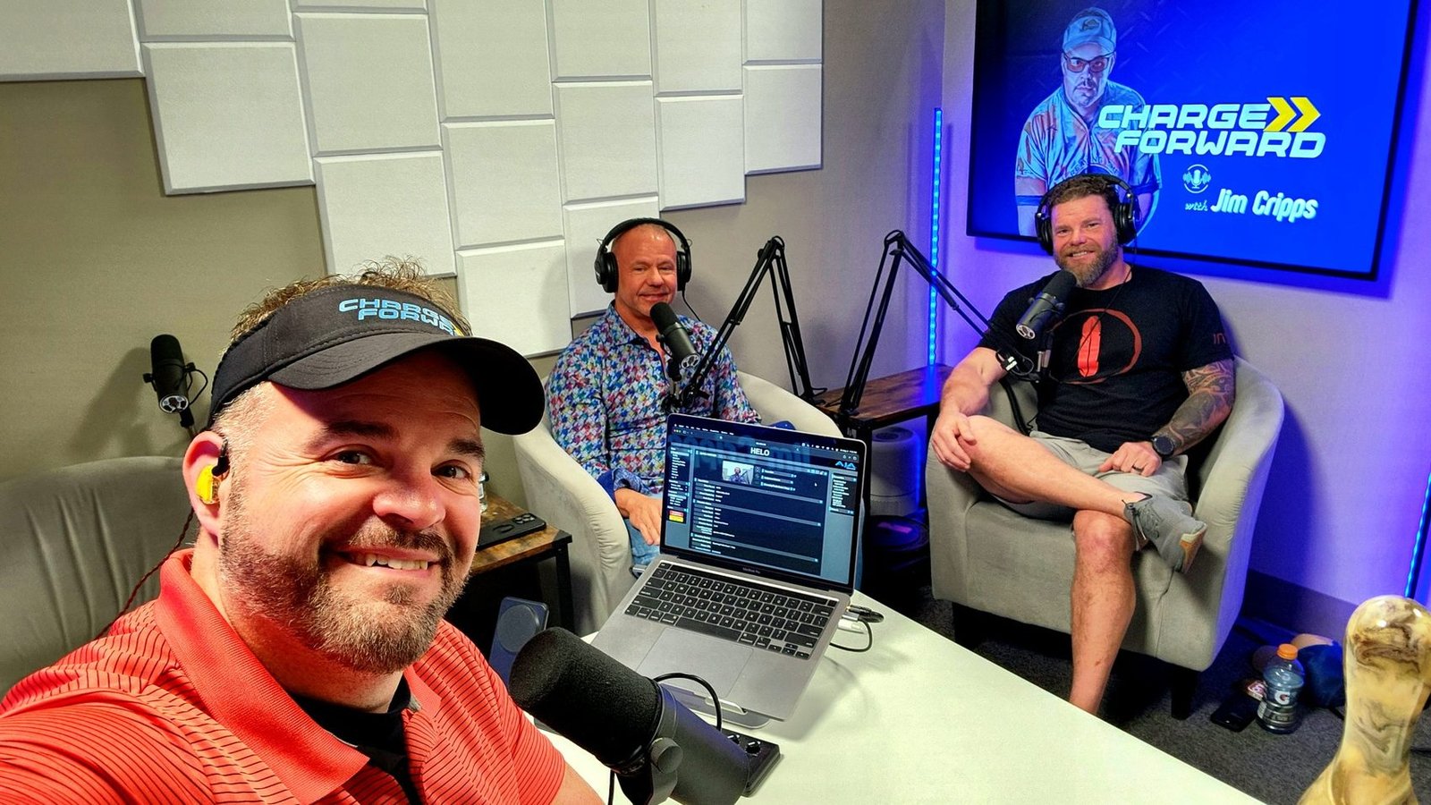 Jim Cripps recording the Charge Forward Podcast with two guests